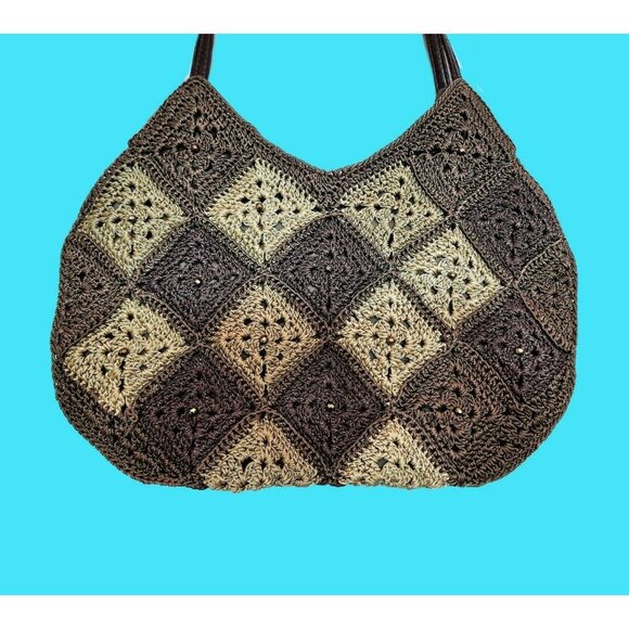 Y2K Crochet Patchwork Handbag Brown Beige Shoulder Bag Beaded Boho - Picture 2 of 8